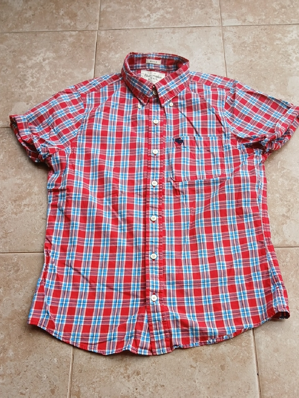 Abercrombie & Fitch Red and Blue Plaid Short-Sleeve Button-Down Shirt